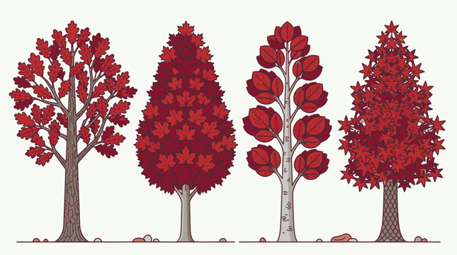 Quatro &aacute;rvores estilizadas com folhagem vermelha vibrante, representando a beleza do outono e a diversidade da natureza em design gr&aacute;fico.