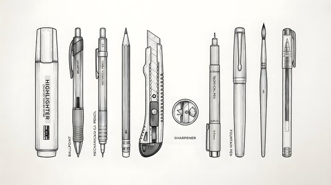 Set of various writing and drawing instruments isolated on white background
