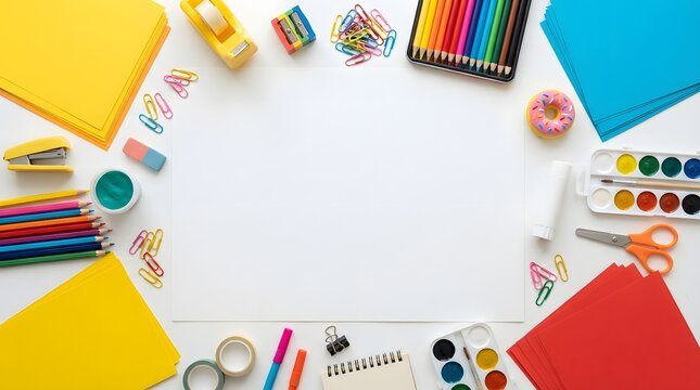 Flat lay of school and art supplies with blank paper isolated on white background