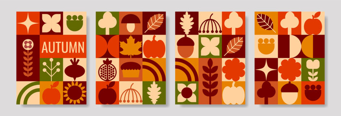 Fototapeta premium Modern Autumn Geometric Grid Poster Set with Autumn Icons and Typography