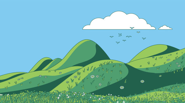 Illustration vectorielle plate repr&eacute;sentant un paysage de collines verdoyantes sous un ciel bleu clair avec des nuages blancs et des oiseaux volant au loin dans une nature paisible.