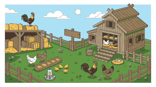 Ilustra&ccedil;&atilde;o vetorial de uma fazenda rural com galinheiro, galinhas, pintinhos e fardos de feno em um ambiente ensolarado e tranquilo, ideal para projetos de agricultura e vida no campo.