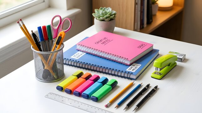 Desk workspace with notebooks, pens, highlighters, and office supplies on a white table