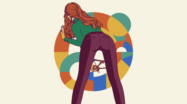 Ilustra&ccedil;&atilde;o vetorial de uma mulher jovem com cabelos longos e ruivos, vestindo blusa verde e cal&ccedil;as escuras, inclinada para frente sobre um fundo com formas geom&eacute;tricas coloridas.
