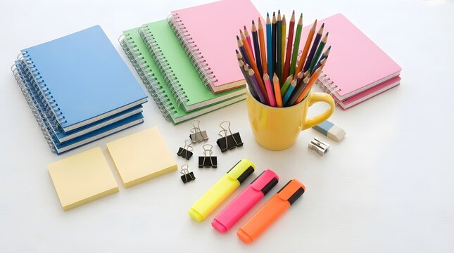 Assortment of colorful school supplies including notebooks, pencils, markers, and paper clips isolated on white background