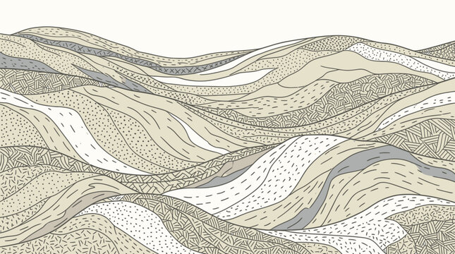 Un motif abstrait de collines ondulantes avec des textures vari&eacute;es de lignes et de points dans des tons neutres de beige, gris et blanc pour un design &eacute;l&eacute;gant et moderne.