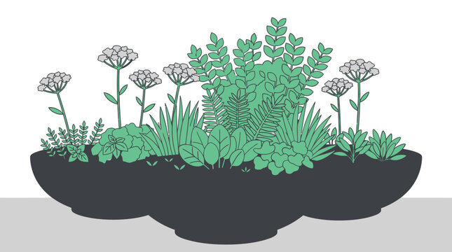 Ilustra&ccedil;&atilde;o vetorial plana de um arranjo de plantas verdes e flores brancas em vasos pretos, ideal para design de interiores, jardinagem e decora&ccedil;&atilde;o bot&acirc;nica minimalista.