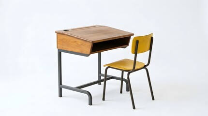 Fototapeta premium Vintage wooden school desk and yellow chair isolated on white background