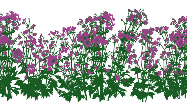 Motif floral r&eacute;p&eacute;titif avec des fleurs violettes stylis&eacute;es et des feuilles vertes sur un fond blanc pur, id&eacute;al pour le design textile, le papier peint ou les bordures d&eacute;coratives.