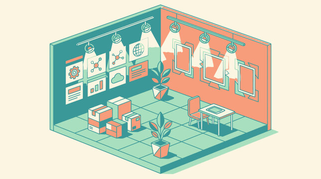 Illustration isom&eacute;trique d'un espace de bureau moderne avec des bo&icirc;tes de livraison, des plantes en pot, des cadres muraux et une table de travail sous un &eacute;clairage directionnel.