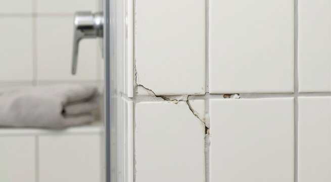 Close-up of cracked grout and broken white ceramic tile in a bathroom. Home repair and maintenance concept. Damaged wall texture