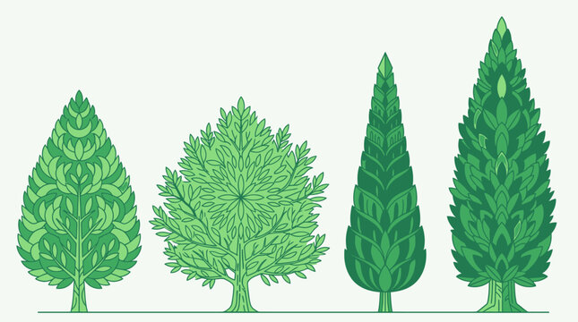 Conjunto de quatro ilustra&ccedil;&otilde;es vetoriais de &aacute;rvores estilizadas com diferentes formatos de folhagem e texturas geom&eacute;tricas em tons de verde sobre um fundo claro.