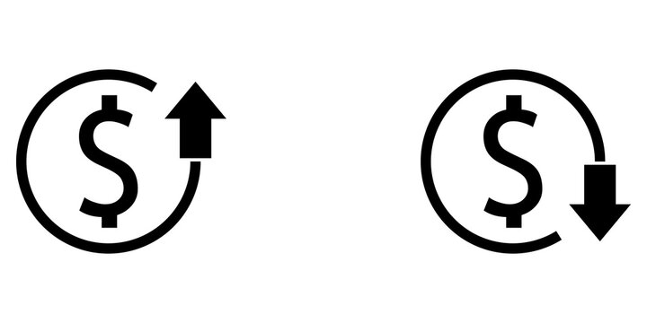 Black dollar sign icons showing increase and decrease value symbols for finance business design