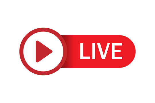 Red live stream button with play icon for video broadcasting and online media communication