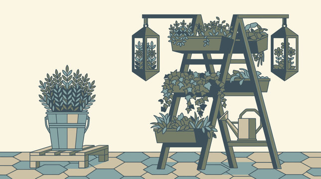 Ilustra&ccedil;&atilde;o vetorial de um jardim dom&eacute;stico com plantas em vasos, uma estante de madeira para flores, lanternas decorativas e um regador sobre um piso de azulejos hexagonais.