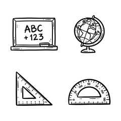 Fototapeta premium School and Education Supplies Doodle Vector Set with Chalkboard, Globe, Triangle Ruler, and Protractor