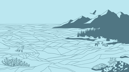 Ilustração vetorial minimalista de uma paisagem natural com montanhas, floresta de pinheiros, uma raposa solitária e uma águia voando em um estilo gráfico de duas cores