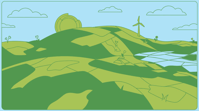 Ilustra&ccedil;&atilde;o vetorial de uma paisagem rural sustent&aacute;vel com colinas verdes, campos agr&iacute;colas, turbina e&oacute;lica e um pequeno lago sob um c&eacute;u azul com nuvens estilizadas.