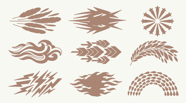 Ensemble d'ic&ocirc;nes vectorielles minimalistes repr&eacute;sentant des &eacute;l&eacute;ments naturels stylis&eacute;s comme des plumes, des &eacute;clairs, des flammes et des motifs botaniques sur fond clair