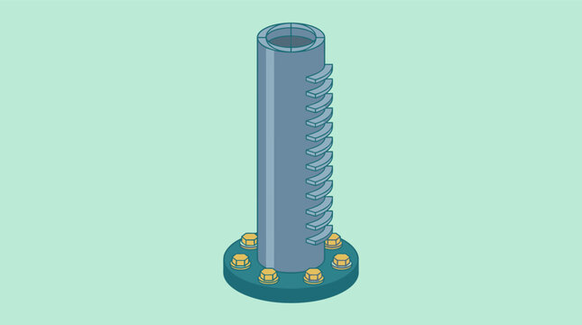 Une illustration vectorielle isom&eacute;trique d'un pilier industriel en m&eacute;tal avec une base boulonn&eacute;e et des d&eacute;tails de rainures lat&eacute;rales sur un fond vert pastel uni.