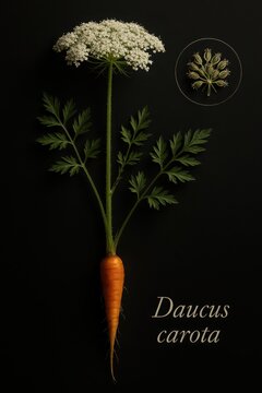 Fine details of white umbel flowers fruiting heads and vibrant orange root