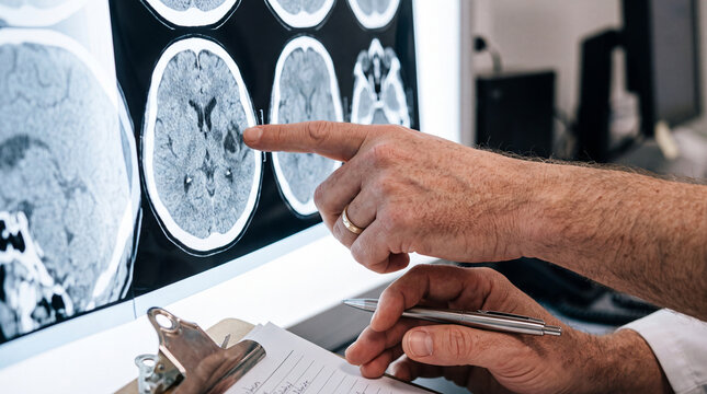 Professional physician in blue scrubs beneath a crisp white doctor's coat standing in a dark radiology room. HDR lighting creates a modern healthcare portrait focused on diagnosis 
