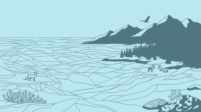 Ilustra&ccedil;&atilde;o vetorial minimalista de uma paisagem natural com montanhas, floresta de pinheiros, uma raposa solit&aacute;ria e uma &aacute;guia voando em um estilo gr&aacute;fico de duas cores