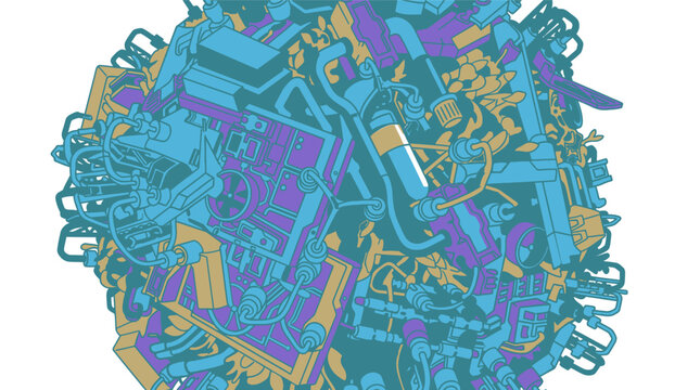 Ilustra&ccedil;&atilde;o vetorial abstrata de uma esfera composta por formas mec&acirc;nicas complexas, engrenagens, tubula&ccedil;&otilde;es e componentes industriais em tons de azul, roxo e dourado sobre fundo branco.