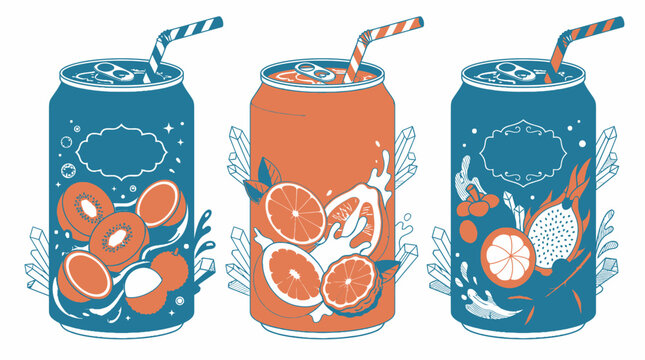 Conjunto de tr&ecirc;s latas de refrigerante com ilustra&ccedil;&otilde;es de frutas tropicais, incluindo lichia, toranja e pitaya, com design gr&aacute;fico estilizado em tons de azul e laranja sobre fundo branco.