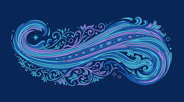Une illustration vectorielle &eacute;l&eacute;gante repr&eacute;sentant une vague stylis&eacute;e orn&eacute;e de motifs floraux complexes et de volutes d&eacute;coratives dans des nuances de bleu et de violet sur fond sombre.