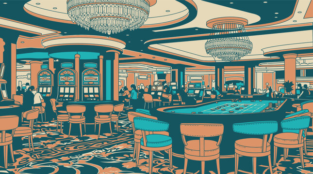 Ilustra&ccedil;&atilde;o estilizada de um interior de cassino luxuoso com m&aacute;quinas ca&ccedil;a-n&iacute;queis, mesas de jogo, lustres elegantes e cadeiras dispostas em um ambiente de entretenimento vibrante.