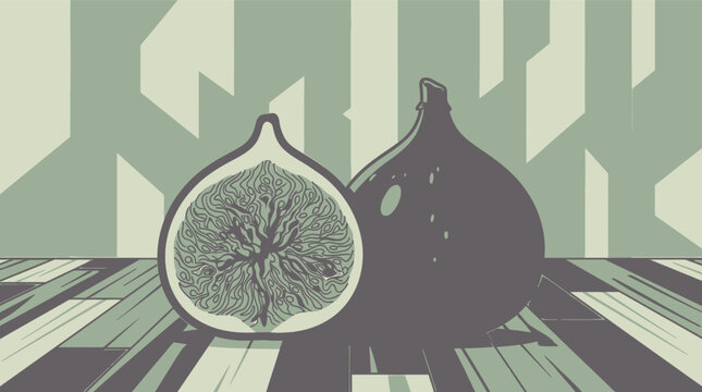 Ilustra&ccedil;&atilde;o estilizada de um figo inteiro e uma metade de figo exibindo texturas detalhadas em tons de verde e cinza, com um fundo geom&eacute;trico moderno e minimalista.