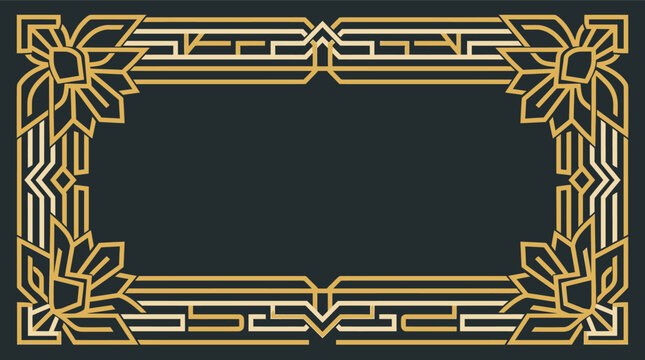 Moldura retangular elegante com design geom&eacute;trico estilo Art D&eacute;co em linhas douradas sobre fundo escuro, ideal para convites, certificados e projetos de design gr&aacute;fico sofisticados.