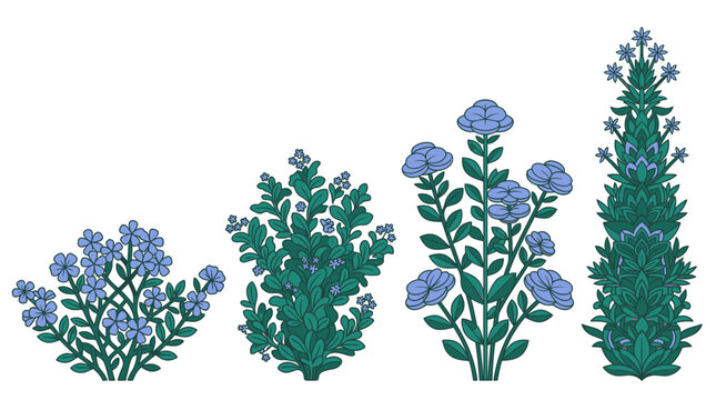 Conjunto de quatro ilustra&ccedil;&otilde;es vetoriais de plantas e arbustos com flores azuis estilizadas, apresentando diferentes formas e texturas bot&acirc;nicas em um design plano e decorativo.