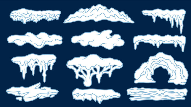Conjunto de elementos gr&aacute;ficos de neve e gelo em estilo desenho animado, apresentando diversas formas de ac&uacute;mulo de neve, pingentes de gelo e bordas congeladas para design de inverno.