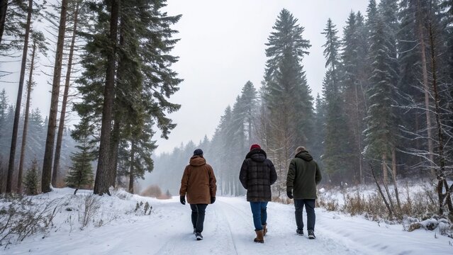 Group of two men and one woman walking on snow covered path in pine forest. People exploring winter landscape during Christmas holiday. Outdoor recreation and travel activity in nature.
