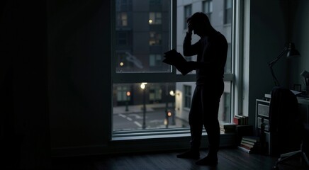 Fototapeta premium Silhouette of a worried person holding papers against a dark window at night. Stressed individual panicking over unpaid bills and debt. Financial crisis and anxiety concept