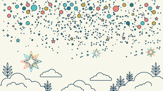Un ciel festif rempli de confettis color&eacute;s, d'&eacute;toiles et de flocons de neige au-dessus d'un paysage hivernal stylis&eacute; avec des nuages et des arbres.