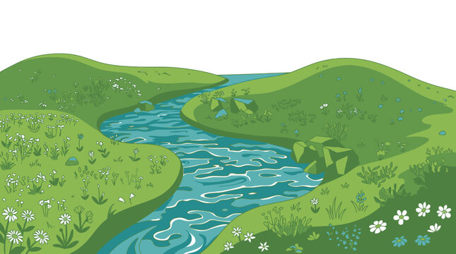 Ilustra&ccedil;&atilde;o vetorial de uma paisagem natural serena com um rio sinuoso fluindo atrav&eacute;s de colinas verdes suaves, flores silvestres e grama, isolada em um fundo branco para design.