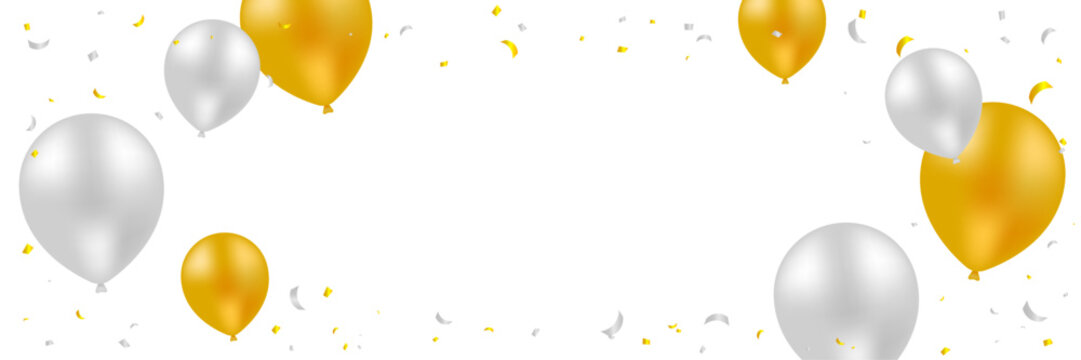 Golden and Silver Confetti with Balloons Background. Luxury Celebration Party Banner. Vector Illustration