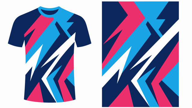 Two vibrant geometric colorblock jerseys with bold abstract patterns for fashion and graphic wear.