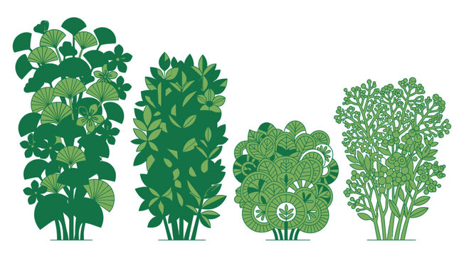 Ensemble d'illustrations vectorielles de buissons et arbustes stylis&eacute;s avec des feuilles vertes vari&eacute;es, parfaits pour le design de jardins, l'am&eacute;nagement paysager et les projets graphiques.