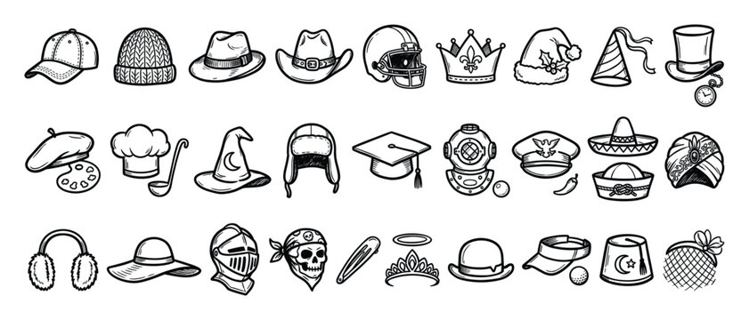 Set of various hats and headwear for different professions and costumes graphic assets