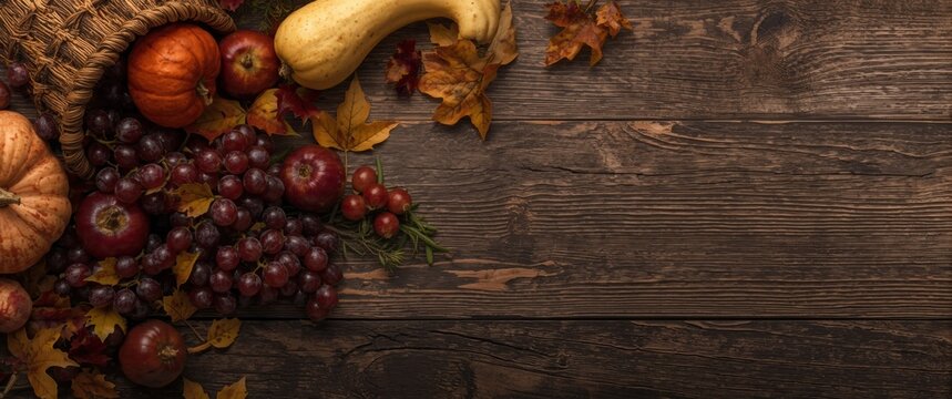 Overhead view of thanksgiving cornucopia filled with seasonal fruits and vegetables on dark rustic wooden background
