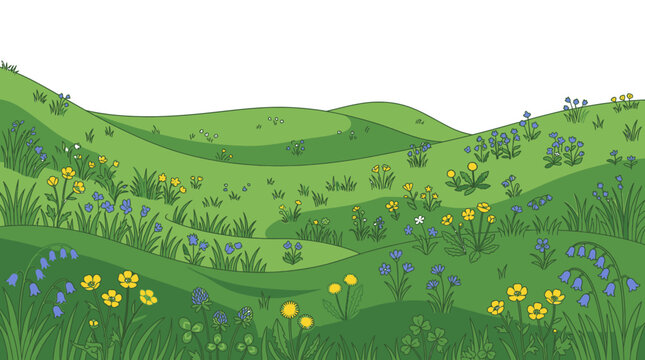 Ilustra&ccedil;&atilde;o vetorial de uma paisagem de colinas verdes suaves com flores silvestres coloridas, grama e um fundo branco isolado, perfeita para designs infantis e natureza.