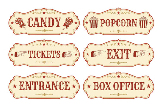 Vintage circus sign collection featuring decorative retro labels for Candy, Popcorn, Tickets, Exit, Entrance, and Box Office for carnival party decorations, circus-themed events