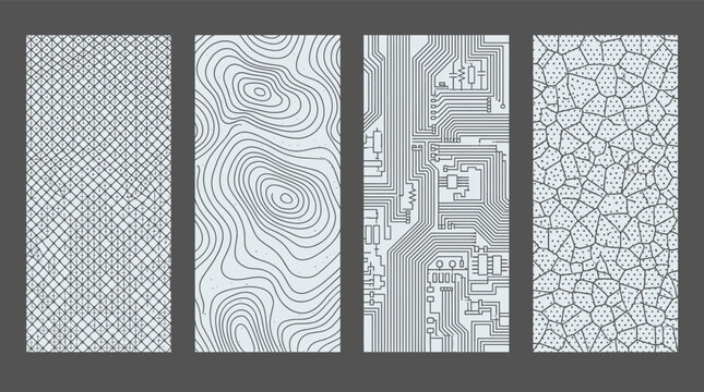 Ensemble de quatre motifs abstraits modernes comprenant des textures g&eacute;om&eacute;triques, des lignes topographiques, des circuits imprim&eacute;s &eacute;lectroniques et un design de type cellule organique.