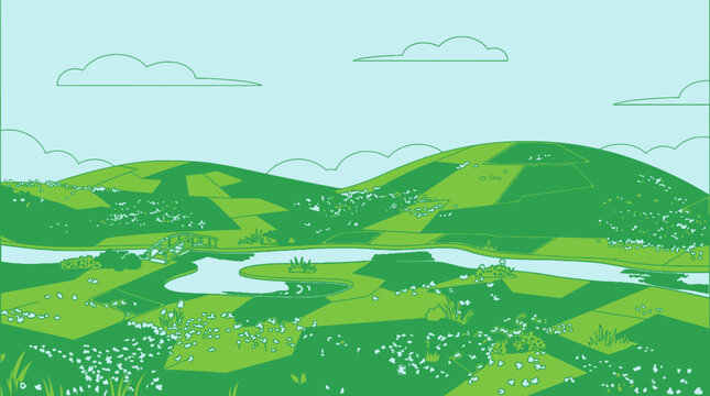 Ilustra&ccedil;&atilde;o vetorial de uma paisagem rural serena com colinas verdes, campos agr&iacute;colas, um rio sinuoso e um c&eacute;u azul claro com nuvens estilizadas em um design plano e moderno.