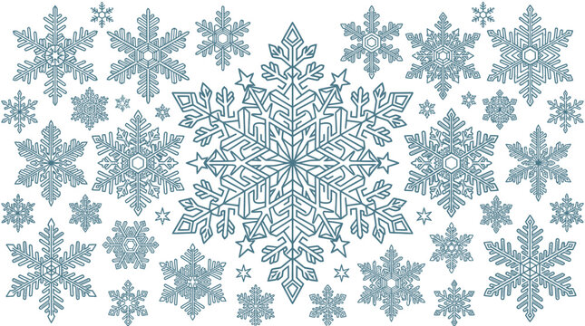 Collection de flocons de neige d&eacute;taill&eacute;s et vari&eacute;s isol&eacute;s sur un fond blanc pur, parfaits pour des d&eacute;corations hivernales, des designs de No&euml;l et des projets graphiques saisonniers.