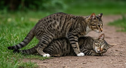 Two cute tabby cats playing together in a grassy park